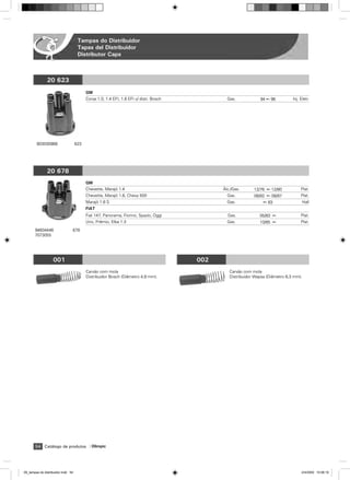 Tampas do Distribuidor
                                     Tapas del Distribuidor
                                     Distributor Caps



               20 623
                                          GM
                                          Corsa 1.0, 1.4 EFI, 1.6 EFI c/ distr. Bosch           Gas.            94 ß 96          Inj. Eletr.




        903500988                   623




               20 678
                                          GM
               20 623                     Chevette, Marajó 1.4                                ˘lc./Gas.      12/76 ß 12/80            Plat.
                                          Chevette, Marajó 1.6, Chevy 500                       Gas.         08/82 ß 08/87            Plat.
                                          Marajó 1.6 S                                          Gas.              ß 83                   Hall
                                          FIAT
                                          Fiat 147, Panorama, Fiorino, Spazio, Oggi             Gas.            05/83 ß               Plat.
                                          Uno, Prêmio, Elba 1.3                                 Gas.            10/85 ß               Plat.
       94604446                 678
       7073055




                   001                                                                  002
                                          Carvão com mola                                        Carvão com mola
                                          Distribuidor Bosch (Diâmetro 4,9 mm).                  Distribuidor Wapsa (Diâmetro 6,3 mm).




       54 Catálogo de produtos               Olimpic




09_tampas do distribuidor.indd 54                                                                                                     2/4/2009 10:08:19
 