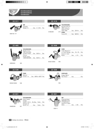 Condensadores
                            Condensadores
                            Condensers



             22 311                                                               22 419

                                 GM                                                                   VOLKSWAGEN
                                 Chevette,                                                            Karmann-Ghia TC
                                 Marajó 1.4           Gas. ß 11/76    Plat.                           1600, Fusca, TL,
                                                                                                      Variant I/II, SP2
                                                                                                      todos 1600            Gas. 02/74 ß   Plat.
                                                                              419052951         419   PUMA
       9300159 311                                                                                    Puma GTE              Gas. 06/76 ß   Plat.




             22 465                                                               22 508

                                 VOLKSWAGEN                                                           FORD
                                 Brasilia, Fusca                                                      F100, Maverick 4
                                 1600 carburação                                                      cil. motor Georgia    Gas. 75 ß 79   Plat.
                                 simples e dupla      Gas. 03/74 ß    Plat.                           Rural 4 cil. distr.
                                 Pick-up,                                                             Bosch                 Gas.   ß 75    Plat.
                                 Kombi, Fusca
                                 1300/1500/1600       Gas. 05/74 ß    Plat.


                                                                              BD5D12300A        508
       409052951           465




             22 536                                                               22 556

                                 FORD                                                                 CHRYSLER
                                 Belina e                                                             Dodge 1800 c/
                                 Corcel I 1.4      Gas. 09/76 ß 09/77 Plat.                           distr. Bosch          Gas.           Plat.




       BD5M12300A          536                                                                  556




             22 601                                                               22 661

                                 VOLKSWAGEN                                                           GM
                                 Parati, Passat,                                                      Chevrolet Brasil
                                 Voyage,                                                              A60/C60/C1415/
                                 Saveiro 1.5/1.6    ˘lc./Gas. Todos   Plat.                           C1416/A10/C10
                                 Santana 1.8,                                                         todos 6 cil. c/distr.
                                 Gol GT 1.8           Gas.    Todos   Plat.                           Delco                 Gas.   ß 83    Plat.
       056905295           601
                                                                                      1928111




       66 Catálogo de produtos      Olimpic




11_condensadores.indd 66                                                                                                                   2/4/2009 10:15:59
 