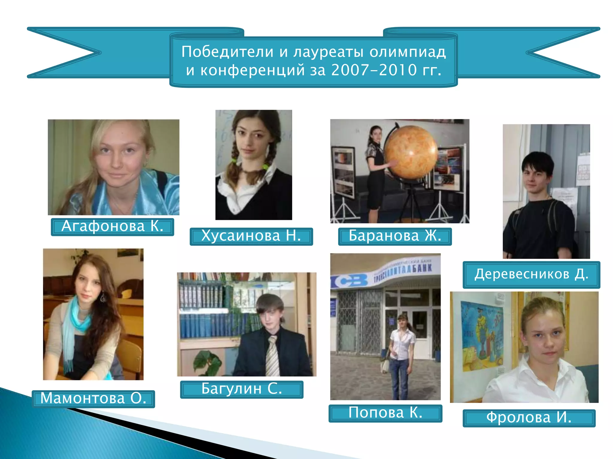 Победители и лауреаты олимпиад
и конференций за 2007-2010 гг.
Агафонова К.
Мамонтова О.
Багулин С.
Попова К. Фролова И.
Деревесников Д.
Баранова Ж.Хусаинова Н.
 