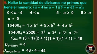 9. Hallar la cantidad de divisores no primos que
tiene el número: 𝒂 − 𝟒 𝒂(𝒂 − 𝟏)(𝟓 − 𝒂)(𝟓 − 𝒂)𝟔
0 < 𝒂 - 4 4 < 𝒂 5 - 𝒂 ≥ 0 5 ≥ 𝒂
𝒂 = 5
𝟏𝟓𝟒𝟎𝟎𝟔 = 1 x 𝟔𝟒
+ 5 x 𝟔𝟑 + 4 x 𝟔𝟐
𝟏𝟓𝟒𝟎𝟎𝟔 = 2520 = 𝟐𝟑 x 𝟑𝟐
x 𝟓𝟏
x 𝟕𝟏
𝑪𝒅𝒊𝒗 = (3 + 1) (2 + 1)(1 + 1) (1 + 1) = 48
𝑫𝒑𝒓𝒊𝒎𝒐𝒔 = 4
𝑫𝒏𝒐 𝒑𝒓𝒊𝒎𝒐𝒔 = 48 - 4 = 44
 