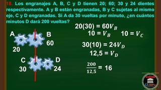18. Los engranajes A, B, C y D tienen 20; 60; 30 y 24 dientes
respectivamente. A y B están engranadas, B y C sujetas al mismo
eje, C y D engranadas. Si A da 30 vueltas por minuto, ¿en cuántos
minutos D dará 200 vueltas?
A
20
B
60
C
30
D
24
20(30) = 60𝑽𝑩
10 = 𝑽𝑩 10 = 𝑽𝑪
30(10) = 2𝟒𝑽𝑫
12,5 = 𝑽𝑫
𝟐𝟎𝟎
𝟏𝟐,𝟓
= 16
 
