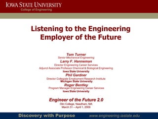 College of Engineering




       Listening to the Engineering
          Employer of the Future

                                   Tom Turner
                            Senior Mechanical Engineering
                              Larry F. Hanneman
                         Director Engineering Career Services
             Adjunct Associate Professor Chemical & Biological Engineering
                                Iowa State University
                                  Phil Gardner
                   Director Collegiate Employment Research Institute
                               Michigan State University
                                 Roger Bentley
                    Program Manager Engineering Career Services
                              Iowa State University


                     Engineer of the Future 2.0
                              Olin College, Needham, MA
                               March 31 – April 1, 2009


Discovery with Purpose                                www.engineering.iastate.edu
 
