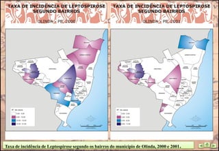 Taxa de incidência de Leptospirose segundo os bairros do município de Olinda, 2000 e 2001 .
 