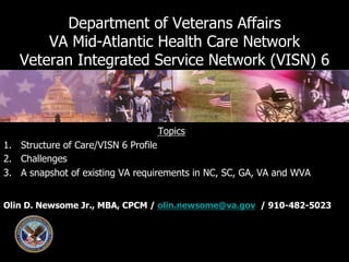 Department of Veterans Affairs
VA Mid-Atlantic Health Care Network
Veteran Integrated Service Network (VISN) 6

Topics
1.  Structure of Care/VISN 6 Profile
2.  Challenges
3.  A snapshot of existing VA requirements in NC, SC, GA, VA and WVA
Olin D. Newsome Jr., MBA, CPCM / olin.newsome@va.gov / 910-482-5023

 