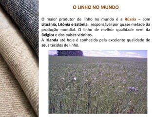 O LINHO NO MUNDO

O maior produtor de linho no mundo é a Rússia – com
Lituânia, Litônia e Estônia, responsável por quase metade da
produção mundial. O linho de melhor qualidade vem da
Bélgica e dos países vizinhos.
A Irlanda até hoje é conhecida pela excelente qualidade de
seus tecidos de linho.
 