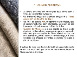 • O LINHO NO BRASIL

• A cultura do linho em nosso país teve inicio com a
  vinda de imigrantes europeus.
• Os primeiros imigrantes alemães chegaram a Porto
  Alegre em 18 de julho de 1824.
• No final do século XIX, chegaram os poloneses, que
  já sabiam trabalhar com plantação, juntaram-se aos
  imigrantes alemães para o cultivo do linho.
• Guarani da Missões é a única região do Brasil onde
  ainda se cultiva o linho, no noroeste gaúcho, contudo
  não mais para extração de fibras têxteis e sim por
  suas sementes, para a fabricação de linhaça, um óleo
  utilizado no preparo de tintas, esmaltes, vernizes e
  até na medicina.

O cultivo do linho com finalidade têxtil foi quase totalmente
extinto nos anos 1960, por causa da concorrência de outras
fibras vegetais e sintéticas.
 