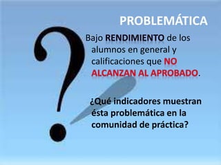 PROBLEMÁTICA
Bajo de los
alumnos en general y
calificaciones que
.
¿Qué indicadores muestran
ésta problemática en la
comunidad de práctica?
 