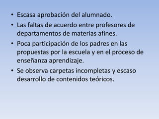• Escasa aprobación del alumnado.
• Las faltas de acuerdo entre profesores de
departamentos de materias afines.
• Poca participación de los padres en las
propuestas por la escuela y en el proceso de
enseñanza aprendizaje.
• Se observa carpetas incompletas y escaso
desarrollo de contenidos teóricos.
 