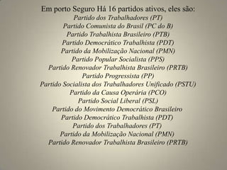 Em porto Seguro Há 16 partidos ativos, eles são:Partido dos Trabalhadores (PT) Partido Comunista do Brasil (PC do B)Partido Trabalhista Brasileiro (PTB) Partido Democrático Trabalhista (PDT) Partido da Mobilização Nacional (PMN) Partido Popular Socialista (PPS) Partido Renovador Trabalhista Brasileiro (PRTB) Partido Progressista (PP) Partido Socialista dos Trabalhadores Unificado (PSTU) Partido da Causa Operária (PCO) Partido Social Liberal (PSL) Partido do Movimento Democrático Brasileiro Partido Democrático Trabalhista (PDT) Partido dos Trabalhadores (PT) Partido da Mobilização Nacional (PMN) Partido Renovador Trabalhista Brasileiro (PRTB)
