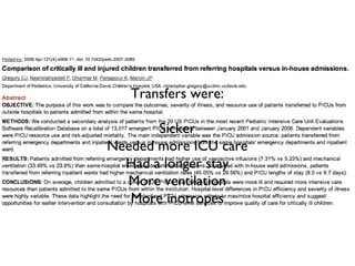 Transfers were:
Sicker
Needed more ICU care
Had a longer stay
More ventilation
More inotropes
 