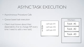 Workers
ASYNCTASK EXECUTION
• Asynchronous Procedure Calls
• Queue based task execution
• Client must knows about their
de...