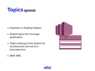 Topics (global)
• Publisher in PubSub Pattern
• Global topics for message
publication
• Topics belong to the system (or
architecture) and not to a
(micro)service
• AWS SNS
 