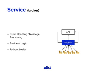 Service (broker)
• Event Handling / Message
Processing
• Business Logic
• Python, Loafer
API
Broker
 