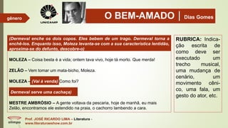 O BEM-AMADODias Gomes
Prof. JOSÉ RICARDO LIMA – Literatura -
www.literaturaeshow.com.br
gênero
(Dermeval enche os dois copos. Eles bebem de um trago. Dermeval torna a
enchê-los. Enquanto isso, Moleza levanta-se com a sua característica lentidão,
aproxima-se do defunto, descobre-o)
MOLEZA – Coisa besta é a vida; ontem tava vivo, hoje tá morto. Que merda!
ZELÃO – Vem tomar um mata-bicho, Moleza.
MOLEZA – (Vai à venda) Como foi?
(Dermeval serve uma cachaça)
MESTRE AMBRÓSIO – A gente voltava da pescaria, hoje de manhã, eu mais
Zelão, encontramos ele estendido na praia, o cachorro lambendo a cara.
RUBRICA: Indica-
ção escrita de
como deve ser
executado um
trecho musical,
uma mudança de
cenário, um
movimento cêni-
co, uma fala, um
gesto do ator, etc.
 