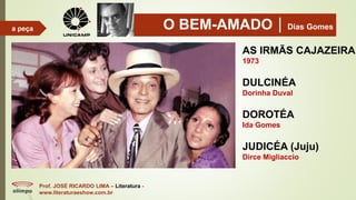 O BEM-AMADODias Gomes
Prof. JOSÉ RICARDO LIMA – Literatura -
www.literaturaeshow.com.br
a peça
AS IRMÃS CAJAZEIRA
1973
DULCINÉA
Dorinha Duval
DOROTÉA
Ida Gomes
JUDICÉA (Juju)
Dirce Migliaccio
 