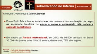 sobrevivendo no infernoRacionais MC’S
CAPÍTULO 4, VERSÍCULO 3 (Mano Brown)
Prof. JOSÉ RICARDO LIMA – Literatura -
www.literaturaeshow.com.br
canções
 Primo Preto fala sobre as estatísticas que resumem bem a situação do negro
na sociedade brasileira, de como o negro é perseguido pela polícia e
excluído socialmente.
 Em dados da Anistia Internacional, em 2012, de 56.000 pessoas no Brasil,
30.000 são jovens entre 15 a 29 anos e, desse total, 77% são negros.
 