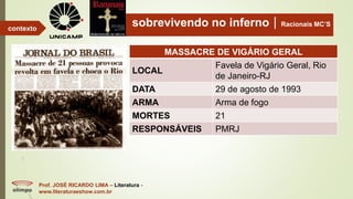 sobrevivendo no infernoRacionais MC’S
Prof. JOSÉ RICARDO LIMA – Literatura -
www.literaturaeshow.com.br
contexto
MASSACRE DE VIGÁRIO GERAL
LOCAL
Favela de Vigário Geral, Rio
de Janeiro-RJ
DATA 29 de agosto de 1993
ARMA Arma de fogo
MORTES 21
RESPONSÁVEIS PMRJ
 