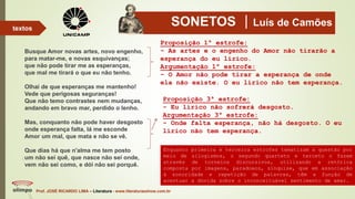 SONETOS Luís de Camões
Busque Amor novas artes, novo engenho,
para matar-me, e novas esquivanças;
que não pode tirar me as esperanças,
que mal me tirará o que eu não tenho.
Olhai de que esperanças me mantenho!
Vede que perigosas seguranças!
Que não temo contrastes nem mudanças,
andando em bravo mar, perdido o lenho.
Mas, conquanto não pode haver desgosto
onde esperança falta, lá me esconde
Amor um mal, que mata e não se vê.
Que dias há que n'alma me tem posto
um não sei quê, que nasce não sei onde,
vem não sei como, e dói não sei porquê.
Prof. JOSÉ RICARDO LIMA – Literatura - www.literaturaeshow.com.br
textos
Proposição 1ª estrofe:
- As artes e o engenho do Amor não tirarão a
esperança do eu lírico.
Argumentação 1ª estrofe:
- O Amor não pode tirar a esperança de onde
ela não existe. O eu lírico não tem esperança.
Proposição 3ª estrofe:
- Eu lírico não sofrerá desgosto.
Argumentação 3ª estrofe:
- Onde falta esperança, não há desgosto. O eu
lírico não tem esperança.
Enquanto primeira e terceira estrofes tematizam a questão por
meio de silogismos, o segundo quarteto e terceto o fazem
através de torneios discursivos, utilizando a retórica
composta por imagens, paradoxos, sínquise, que em associação
à sonoridade e repetição de palavras, têm a função de
acentuar a dúvida sobre o inconceituável sentimento de amar.
 