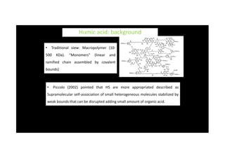 • Traditional view: Macropolymer (10-
500 KDa). “Monomers” (linear and
ramified chain assembled by covalent
bounds)
Humic acid: background
• Piccolo (2002) pointed that HS are more appropriated described as
Supramolecular self-association of small heterogeneous molecules stabilized by
weak bounds that can be disrupted adding small amount of organic acid.
 