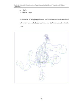 Diseño del Sistema de Abastecimiento de Agua y Alcantarillado del Centro Poblado Cruz de Médano -
Lambayeque
76
qu = QD/AT
AT = 538380.675 M2
Se ha dividido en áreas para poder hacer el cálculo respectivo de las caudales de
influencia por cada nudo. Luego de esto se pasara el dibujo mediante la extensión
*.dxf
A1
A2
A3
A4
A5
A6
A7
A 15
A14
A16
A13
A8
A10
A11
A12
A17´
A17
A33
A9
A18
A19A20
A21
A22
A49A50
A23
A25
A24
A26
A27
A28
A31 A32
A30
A29 A35
A34
A36
A37
A38
A39
A40
A41
A43
A42
A44
A45
A46
A48
A47A56
A55
A57
A78
A77
A76
A75
A73
A72 A71
A70
A79
A58
A69
A68
A59
A60
A67
A61
A62
A63
A64 A66
A65
A83
A82
A81
A80
A74
A54
A53
A52
A51
A84
A85
A86
A87
A88
 
