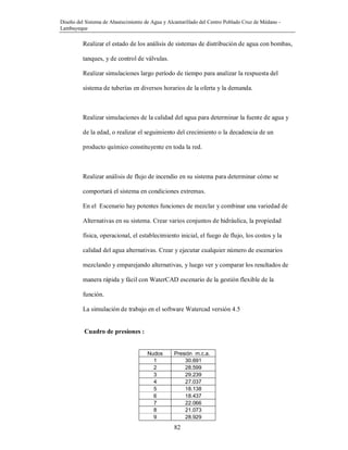Diseño del Sistema de Abastecimiento de Agua y Alcantarillado del Centro Poblado Cruz de Médano -
Lambayeque
82
Realizar el estado de los análisis de sistemas de distribución de agua con bombas,
tanques, y de control de válvulas.
Realizar simulaciones largo período de tiempo para analizar la respuesta del
sistema de tuberías en diversos horarios de la oferta y la demanda.
Realizar simulaciones de la calidad del agua para determinar la fuente de agua y
de la edad, o realizar el seguimiento del crecimiento o la decadencia de un
producto químico constituyente en toda la red.
Realizar análisis de flujo de incendio en su sistema para determinar cómo se
comportará el sistema en condiciones extremas.
En el Escenario hay potentes funciones de mezclar y combinar una variedad de
Alternativas en su sistema. Crear varios conjuntos de hidráulica, la propiedad
física, operacional, el establecimiento inicial, el fuego de flujo, los costos y la
calidad del agua alternativas. Crear y ejecutar cualquier número de escenarios
mezclando y emparejando alternativas, y luego ver y comparar los resultados de
manera rápida y fácil con WaterCAD escenario de la gestión flexible de la
función.
La simulación de trabajo en el software Watercad versión 4.5
Cuadro de presiones :
Nudos Presión m.c.a.
1 30.691
2 28.599
3 29.239
4 27.037
5 18.138
6 18.437
7 22.066
8 21.073
9 28.929
 