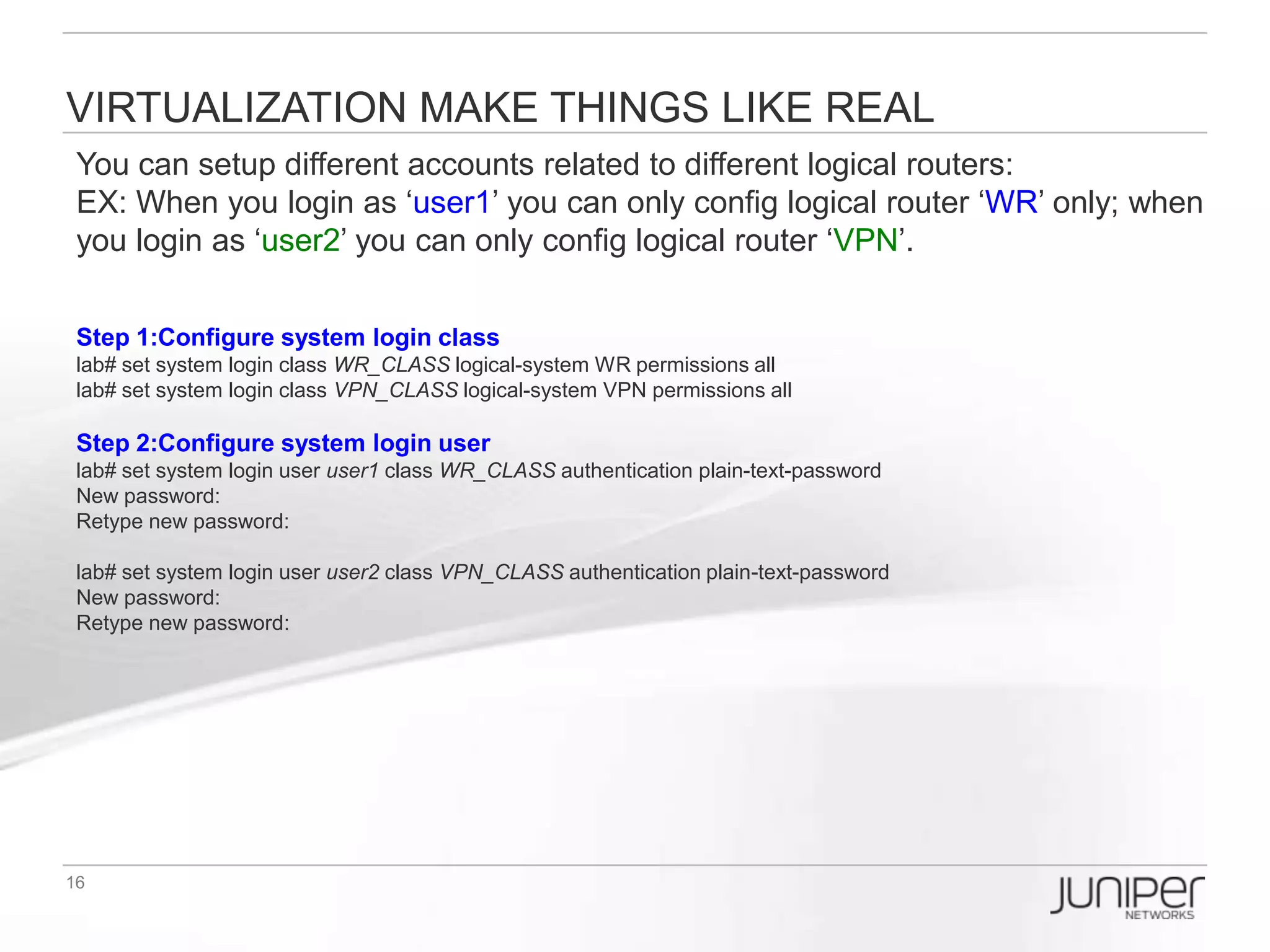 Logical Router Design for EBB DEMO


                              WR    em1




                              VPN   em2


                  em0




                                          V21
   vmnet8    172.16.20.2/24                           vmnet1
             (Management)


                              CS1   em3




                                          V20

                                                V22
                              CS2   em4
 