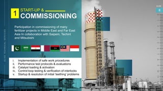 START-UP &
COMMISSIONING
Participation in commissioning of many
fertilizer projects in Middle East and Far East
Asia In collaboration with Saipem, Techint
and Mitsubishi
i. Implementation of safe work procedures
ii. Performance test protocols & evaluations
iii. Catalyst loading & activation
iv. Control loop testing & verification of interlocks
v. Startup & resolution of initial ‘teething’ problems
SLIDE
6
1
 