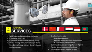 TRAINING
SERVICES
SLIDE
9
4
✓ World class, well equipped training facility
✓ Established since 1985
✓ Experience professional as Teaching faculty
✓ Hosted trainings for numerous foreign clients
from Denmark, Iraq, Bahrain, China, Indonesia
and Bangladesh.
✓ Excellent training aids
▪ Chemical pilot plants
▪ Mechanical workshop with cutout models
▪ E & I workshop with simulators
✓ Customized courses covering all areas of plants
✓ Training Needs Assessment for clients
✓ High quality boarding / lodging facilities
 