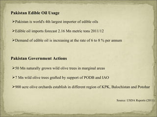 50 Mn naturally grown wild olive trees in marginal areas 7 Mn wild olive trees grafted by support of PODB and IAO 900 acre olive orchards establish in different region of KPK, Balochistan and Potohar Pakistan Government Actions Pakistan is world's 4th largest importer of edible oils Edible oil imports forecast 2.16 Mn metric tons 2011/12 Demand of edible oil is increasing at the rate of 6 to 8 % per annum Pakistan Edible Oil Usage Source: USDA Reports (2011) 