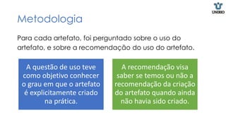 Metodologia
Para cada artefato, foi perguntado sobre o uso do
artefato, e sobre a recomendação do uso do artefato.
A questão de uso teve
como objetivo conhecer
o grau em que o artefato
é explicitamente criado
na prática.
A recomendação visa
saber se temos ou não a
recomendação da criação
do artefato quando ainda
não havia sido criado.
 