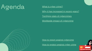 Agenda What is cyber crime?
Why it has increased in recent years?
Terrifying stats of cybercrimes
Worldwide impact of cybercrime
How to report against cybercime
How to protect against cyber crime
 