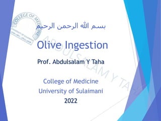 ‫الرحيم‬ ‫الرحمن‬ ‫هللا‬ ‫بسم‬
Olive Ingestion
Prof. Abdulsalam Y Taha
College of Medicine
University of Sulaimani
2022
 