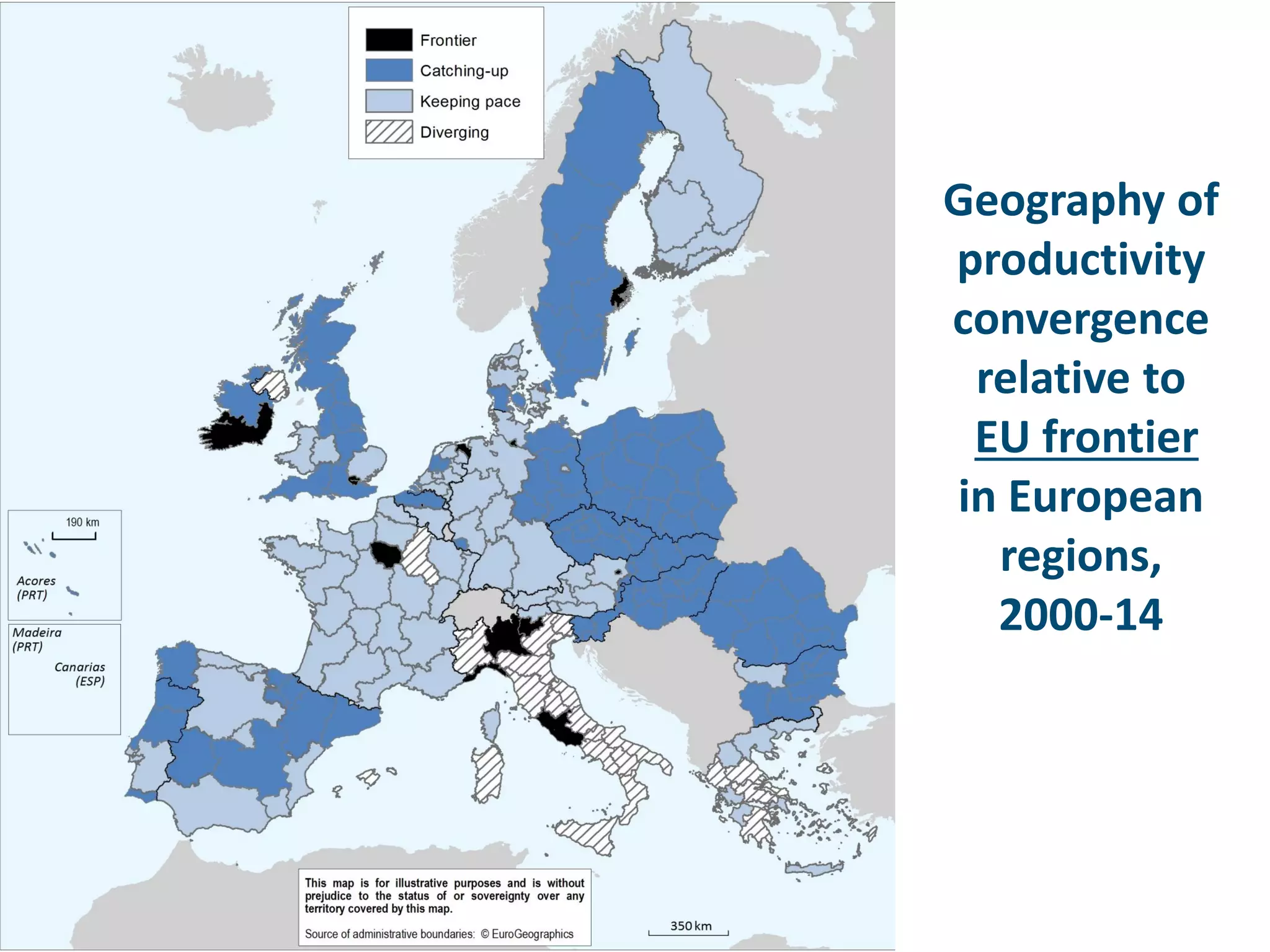 Geography of
productivity
convergence
relative to
EU frontier
in European
regions,
2000-14
 