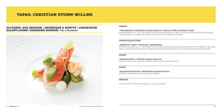 TAPAS: CHRISTIAN STURM-WILLMS
OLIVENÖL AUS SPANIEN / SNOWCRAB & BONITO / JAPANISCHE
SALZPFLAUME/ EDAMAME BOHNEN. Für 6 Personen

SNOWCRAB:
• 150g Krabbenfleisch • 30ml Olivenöl aus Spanien Virgen Extra • Fleur de Sel • Pfeffer aus der Mühle • Yuzusaft
Die Krabbenbeine bei 100 ° ca. 5 Min. dämpfen und anschließend auskühlen lassen. Wenn sie ausgekühlt sind, das Krabbenfleisch ausbrechen,
C
etwas klein zupfen und mit Pfeffer, Fleur de Sel, Yuzusaft und Olivenöl aus Spanien abschmecken.

JAPANISCHE SALZIGE PFLAUME:
• 100g Pflaumen • 40g Salz • 10ml Reisessig • 10g Bonitoflocken 
Die Pflaumen einstechen, und ca. 1 Min. ankochen. Aus 200ml Wasser, 40g Salz und 10ml Reisessig eine Salzlake kochen. Die Pflaumen 1 Woche darin
einlegen. Danach vom Kern lösen und fein schneiden. Die Bonitoflocken unter die Pflaume rühren und mit etwas geriebenem Rettich strecken.

EDAMAME:
• 50g Edamame Bohnen • 5g Olivenöl aus Spanien Virgen Extra 
Bohne vom Gehäuse lösen und putzen, halbieren und mit Olivenöl aus Spanien marinieren.

PUFFREIS:
• 20g Japanischer Premium Reis • 100ml Olivenöl aus Spanien Virgen Extra 
Reis kochen, anschließend in Olivenöl aus Spanien ausbacken.

DEKORATION:
Senf Kresse , Piment d’Espelette, Olivenölgel und -pulver, Bonitoflocken.

26

Wettbewerb Tapas

© Koch des Jahres / Melanie Bauer Photodesign

27

 