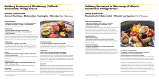 Goldberg Restaurant & Winelounge (Fellbach)
Küchenchef: Philipp Kovacs

Goldberg Restaurant & Winelounge (Fellbach)
Küchenchef: Philipp Kovacs

Irischer Lammrücken
Aromen Marokkos / Kichererbsen / Aubergine / Olivenjus. Für 4 Personen

Weiße Schokolade
Passionfrucht / Buttermilch / Olivenöl aus Spanien. Für 4 Personen

AROMEN MAROKKOS:
• 35g geröstete Sonnenblumenkerne • 1 EL Harissa Gewürzpulver
• 2 EL Olivenöl aus Spanien • 15g Malto • 1 EL braune Butter
Alle Zutaten miteinander vermischen.  

WEISSE SCHOKOLADENGANACHE:
• 180g weiße Schokolade • 1 Blatt Gelatine • 45g Sorbitol
• 1,5g Agar Agar • 30ml Glucose • 40ml Sahne • 1g Salz
• 25ml Olivenöl aus Spanien
Die Schokolade über einem Wasserbad zum Schmelzen bringen und
die eingeweichte Gelatine darin auflösen. Glucose, Agar Agar und
Sorbitol zusammen für 3 Min. köcheln lassen und zu der Kuvertüre
geben. Dann die angewärmte Sahne zusammen mit dem Salz und dem
Olivenöl aus Spanien zugeben und auf einem Blech erkalten lassen.

ZWIEBELCREME:
• 150g weiße Zwiebeln (geschält und geschnitten)
• 20g braune Butter • Salz • Pfeffer • 1 EL brauner Zucker
• 140ml Geflügelfond
Die Zwiebeln in der Butter farblos anschwitzen. Salz, Pfeffer und den
braunen Zucker zugeben und alles zusammen goldbraun karamellisieren
lassen. Dann Geflügelfond zugeben und um die Hälfte einkochen lassen.
Alles zusammen im Thermomix zu einem glatten Püree verarbeiten.
ZWIEBELRINGE:
• 1 weiße Zwiebel • 15g Butter • Salz • Pfeffer
Die Zwiebeln in ca. 0,8cm dicke Scheiben schneiden und zusammen
mit der Butter und etwas Salz und Pfeffer vakuumieren, bei 90° im
C
Dampfgarer solange garen bis sie weich sind, anschließend mir einem
Bunsenbrenner etwas Farbe geben.
HUMUS:
• 100g Kichererbsen (gekocht) • 50g braune Butter • 40ml Sahne
• 2g Cumin (Kreuzkümmel)
Die Kichererbsen zusammen mit den restlichen Zutaten im Thermomix
fein pürieren.
KORIANDER-PESTO:
• 50g blanchierter Koriander • 20ml Olivenöl aus Spanien • Salz
• Pfeffer • 15g Pecorino-Käse
Alles Zutaten im Mörser zu einem homogenen Pesto verarbeiten.
JUS DE OLIVE:
• 60ml Lammjus • 10ml Olivenöl aus Spanien
In die heiße Lammjus das Olivenöl aus Spanien langsam einrühren.

50

Die Deutschlandtour

GESCHMORTE PAPRIKA:
• 1 rote Paprika • Olivenöl aus Spanien • Salz • Pfeffer
Die Paprika bei 200° für ca. 12 Min. in den Backofen schieben, anC
schließend schälen und mit einem runden Ausstecher in Form bringen.
Dann mit Olivenöl aus Spanien, Salz und Pfeffer würzen.  
LAMMRÜCKEN:
• 600g irischer Lammrücken (ausgelöst und gesäubert)
• etwas Lammjus • Olivenöl aus Spanien • Salz • Pfeffer
Den Lammrücken zusammen mit etwas Olivenöl aus Spanien vakuumieren und bei 58° für 30 Min. im Wasserbad garen. Dann herausnehmen,
C
mit Salz und Pfeffer würzen und in einer Bratpfanne kurz scharf anbraten.
Anschließend auf ein Blech legen, mit Lammjus bepinseln und bei 130°
C
im Ofen mehrmals lackieren.

PASSIONFRUCHTGEL:
• 50g Passionsfruchtmark
• Thick and Easy Foodthickener (erhältlich in der Apotheke)
Das Passionsfruchtmark mit dem Thick and Easy auf die gewünschte
Konsistenz abdicken.
PASSIONFRUCHTSPONGE:
• 50g Eiweiß • 30g Mandelmehl • 20g Yopol (Joghurtpulver)
• 20g Passionsfruchtmark
Alles zusammen mixen, passieren und in eine ISI-Flasche füllen. Mit 4
Kapseln aufpumpen und 4 Stunden im Kühlschrank lagern. Dann eine
Suppentasse damit halb befühlen und 3 mal 9 Sekunden  in der Mikrowelle bei 600 Watt garen. Abkühlen lassen und in kleine Teile zupfen.

BUTTERMILCH-OLIVENÖLSORBET:
• 225g Sahne • 170g Glucose • 90g Milchpulver • 50g Zucker
• 3g Salz, Schale einer unbehandelten Zitrone
• 800ml Buttermilch, 240g Olivenöl aus Spanien
Die Sahne erwärmen und alle Zutaten außer Buttermilch und Olivenöl aus
Spanien darin auflösen. Dann behutsam die Buttermilch und das Olivenöl
aus Spanien einlaufen lassen. Passieren und in der Eismaschine gefrieren.
 
Die erkaltete Schokoladenganache rund ausstechen und auf einem

ANRICHTEN:
In die Mitte des Tellers mit Hilfe einer Palette einen feinen Strich Zwiebelpüree
streichen auf den auch unser geschnittenes Lamm platziert wird. Die Zwiebelringe sowie auch die geschmorte Paprika darum verteilen. Mit einem Kaffeelöffel kleine Nocken des Humus und des Ziegenquarks platzieren. In einen
der Zwiebelringe das Pesto geben. Dann etwas von der Aromenmischung auf
dem Lamm verteilen und mit der Jus de Olive vollenden.
© Goldberg Restaurant & Winelounge

runden Teller platzieren. Dann Punkte des Passionfruchtgels darauf und
auch daneben verteilen. Den zerzupften Sponge ebenso ungleichmäßig
darauf verteilen. Ein paar frische Beeren sorgen nicht nur für ein schönes
farbliches Spiel, sondern auch für einen weiteren Säurekick. Auf der Ganache zu guter Letzt noch eine Nocke unseres Olivenöleis-Sorbets setzen
und mit etwas frischem Olivenöl aus Spanien beträufeln.

© Goldberg Restaurant & Winelounge

51

 