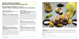 Sutter’s Landhaus (Gensingen)
Küchenchef: Alexander Thiel / Markus Voss
Sous Vide gegarte Lammhüfte. Für 4 Personen
Barolojus / Bohnen / Artischocke / Gelbe Bete / Oliven-Grieß-Strudel.
LAMMHÜFTE IN OLIVENÖL POCHIERT:
• 4 Lammhüften • 150ml Olivenöl • 1 Orange • Pfeffer • Vanillesalz
• Salbei • Lavendel • Rosmarin • Thymian
SCHMELZE:
• 100ml Olivenöl aus Spanien • 1 Knoblauchzehe • Salz • Pfeffer
• gehackter Rosmarin • Thymian • Salbei • Petersilie • Semmelbrösel
Lammhüfte parieren. Das Olivenöl in ein kleinen Topf geben und Salbei,
Lavendel, Rosmarin,Thymian und den Abrieb einer Orange dazu geben.
Leicht erhitzen auf 80 Grad, danach abkühlen lassen. Je 2 Lammhüften
mit dem Aromaöl vakuumieren und bei 48 Grad 12 Std. im Thermalisierer
langsam pochieren. Für die Schmelze das Olivenöl aus Spanien in einen
kleinen Topf geben und mit der Knoblauchzehe auf ca. 90 Grad erhitzen.
Die Knoblauchzehe herausnehmen, die gehackten Kräuter bis auf die
Petersilie dazu geben. Dann so viel Semmelbrösel dazugeben, bis eine
schmelzige Bindung entsteht. Mit etwas Salz und Pfeffer abschmecken.
Die Lammhüfte aus dem Vakuum nehmen und mit Küchenkrepp abtupfen.
Mit Vanillesalz und gestoßenem Pfeffer würzen und in einer heißen
Pfanne von beiden Seiten kurz anbraten. Aus der Pfanne nehmen, 3
Min. ruhen lassen, danach aufschneiden und anrichten. Die gehackte
Petersilie unter die Schmelze geben und anrichten.
ARTISCHOCKEN:
• 4 Baby-Artischocken • 1 Schalotte • 1 Stange Zitronengras
• 70g Zucker • 50ml Apfelsaft • 10ml Apfelessig • 500ml Wasser
• 2 Scheiben Zitrone • Salz • gestoßener Pfeffer • Zitronenthymian
• Rosmarin • Blütenhonig
Die Artischocken putzen. Schalotte in Brunoises schneiden und anschwitzen. Ca 2/3 des Zuckers dazugeben und hell karamellisieren, mit
Apfelsaft ablöschen. Zitronengras halbieren und mit den Zitronenscheiben beigeben. Mit Wasser auffüllen Salz, Pfeffer, Kräuter und Honig in
den Sud geben und aufkochen lassen. Artischocken hinein legen und
ziehen lassen bis sie  etwas härter als bissfest sind, dann zusammen mit
dem Sud in ein Weckglas füllen. Langsam abkühlen lassen und mindestens 24 Std. marinieren.

84

Die Deutschlandtour

OLIVEN-GRIESSSTRUDEL:
• 250ml Milch • 25ml Olivenöl aus Spanien • 80g Hartweizengrieß
• 40g Butter • 2 Eigelb • 125g Creme Fraiche
• 100g schwarze Oliven (püriert) • 2 Blätter Strudelteig • Rosmarin
• Thymian • Salz • Pfeffer • Muskat
Milch und 25ml Olivenöl aus Spanien aufkochen, Grieß dazugeben und
10 Min. quellen lassen. Eigelb und 40g Butter verrühren und unter die
Grießmasse rühren. Creme Fraiche dazu geben und Masse abschmecken. Kräuter fein hacken, unterrühren und mit Gewürzen abschmecken.
1 Blatt Strudelteig mit flüssiger Butter bestreichen und das 2. darauf
legen, Grießmasse ca. 3mm dick aufstreichen. Pürierte Oliven dünn
drauf streichen, einrollen, dann in Klarsichtfolie einrollen und danach in
Alufolie fest einrollen Die Rollen 1 Std. bei 90 Grad pochieren.
BOHNEN:
• 300g Flageolet Bohnen • Tomatenwürfel • Zwiebelwürfel
• Olivenöl aus Spanien • Kerbel • Zitronenölivenöl • Salz • Pfeffer
Bohnenkerne aus der Hülle drücken. Zwiebelwürfel in Olivenöl aus
Spanien glasig anschwitzen. Bohnenkerne dazugeben, mit Zitronenolivenöl, Salz und Pfeffer abschmecken. Tomatenwürfel und geschnittenen Kerbel dazugeben.
GELBE BETE:
• 1 Gelbe Bete • 2 Zweige Rosmarin • Thymian • 1 Lorbeerblatt
• Schale von einer ½ Zitronen • Olivenöl aus Spanien • Meersalz
Die Gelbe Bete schälen und mit den restlichen Zutaten in Alufolie
einwickeln. Im Ofen bei 180 Grad ca. 60-70 Min. schmoren. Wenn
die Gelbe Bete weich ist, aus der Folie holen und in dünne Scheiben
schneiden. Die Scheiben mit Olivenöl aus Spanien einpinseln und leicht
salzen.

BAROLOSAUCE:
• 300ml Lammfond • 300ml Barolowein • 75g Zucker • 2 Schalotten • 1 Lorbeerblatt • 2 Knoblauchzehen • 6 Zweige Thymian und Rosmarin
• Olivenöl aus Spanien
Schalotten und Knoblauch in Würfel schneiden, in Olivenöl aus Spanien farblos anschwitzen, Zucker dazugeben und karamellisieren lassen. Mit
dem Barolowein ablöschen und kurz einkochen. Lammfond dazugeben und auf die Hälfte einkochen. Kräuter dazugeben und 10 Min. ziehen
lassen. Sauce abpassieren und abschmecken.
GARNITUR:
Kartoffelrolle, getrocknete schwarze Oliven, Petersilienbrösel.

© Sutter’s Landhaus

85

 