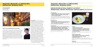 Urgestein* (Neustadt a. d. Weinstraße)
Küchenchef: Benjamin Peifer

Urgestein* (Neustadt a. d. Weinstraße)
Küchenchef: Benjamin Peifer

Steinhäuser Hof, Rathausstraße 6,
67466 Neustadt an der Weinstraße
www.restaurant-urgestein.de
Kontakt: 06321 - 489060
info@restaurant-urgestein.de

Gebeizte Dorade als Tartar „Inspiriert vom Orient“
Babaganousch / Taboulé / Rosenwasser / geeister Joghurt. Für 4 Personen
DORADENTARTAR:
• 1 Dorade Royal (800-1000g , filetiert, entgrätet und enthäutet)
• 100g Zucker • 50g Salz • 10g Pökelsalz • 1 EL Ras el-Hanout
• 1 Limone • Olivenöl aus Spanien
Salze, Zucker und Ras el-Hanout mischen, Doraden darin wenden
und vakuumieren. 24 Std. ruhen lassen, trockentupfen und in grobes
Tartar schneiden. Mit Olivenöl aus Spanien, Limonensaft und -abrieb
abschmecken.

GENUSS. FÜHLEN. SCHMECKEN. RIECHEN. SEHEN. HÖREN
In unserem Restaurant wollen wir all Ihre Sinne verwöhnen. Ein Besuch
bei uns ist mehr als nur den Hunger zu stillen. Er soll auch eine Auszeit
vom Alltag, eine Reise, ein Genuss für Körper und Geist sein. Dazu
gehört ein gewisser Überraschungseffekt, den wir in unsere Speisen
integrieren. Unsere Speisekarte gibt nur einen Anhaltspunkt dafür,
was Sie bei uns erwartet, um Ihnen den größtmöglichen Genuss zu
garantieren. Der Guide Michelin 2014 hat unser Haus mit einem Michelin-Stern ausgezeichnet.Es liegt uns besonders am Herzen, dass Speisen
und Getränke perfekt miteinander harmonieren.Wir wünschen Ihnen
besondere Stunden in unserem Hause und freuen uns schon jetzt auf
ihren Besuch.

94

Die Deutschlandtour

Benjamin Peifer. Nach seiner Ausbildung
zum Bäcker, die er mit Auszeichnung bestand,
verschlug es Benjamin Peifer zuerst in die
„gehobene Küche“ und er begann seine
Lehre im „Schwanen“ in Hassloch. Das sollte
ihm aber nicht genügen und er wechselte
in das Gourmetrestaurant „Freundstück“ in
Deidesheim, welches aktuell mit 1 Stern im
Guide Michelin und 16 Punkten im Gault Milliau ausgezeichnet ist. Nach abgeschlossener
Lehre blieb er dort noch ein weiteres Jahr um
danach ins „Gästehaus Erfort“ in Saarbrücken
zu wechseln. Dieses gehört mit 3 Sternen im
Guide Michelin und 19,5 Punkten im Gault
Milliau zweifellos zu den besten Restaurants im Lande. Nach dieser Zeit fand er im
neueröffneten Restaurant seines ehemaligen
Berufsschullehrers, dem Hofgut Ruppertsberg in Ruppertsberg einen Ruhepol und
vielleicht sogar einen Mentor. So vorbereitet
ging er dann in die Nähe von Trier, um dort
seine erste Stelle als Küchenchef anzutreten.
Nach einem Jahr wurde er bereits im jungen
Alter von 23 Jahren mit 7 von 10 möglichen
Punkten und als Entdeckung des Jahres 2010
im Gourmetführer Gusto bewertet.

© Urgestein

ROSENWASSER-GEL:
• 450g Tomatenwasser • 50g Sushi-Essig • Saft von einer Limone
• 1g Xanthan • 5g Agar-Agar • 1 Prise Rote Bete-Pulver • Salz
• Zucker • Jalapenosaft zum Abschmecken
Alles zusammen aufkochen, gelieren lassen und dann fein mixen.
BABAGANOUSCH:
• 2 geschmorte Auberginen ohne Schale • 150g Tomatenwasser
• 100g Creme Fraiche • 100g Tahini • ½ Knoblauchzehe
• Saft und Schale von einer Limone • 3g Agar • 1g Xanthan
• 100ml fruchtiges Olivenöl aus Spanien • Salz • Pfeffer • Zucker
Alle Zutaten mit Ausnahme des Olivenöls aufkochen und gelieren.
Dann mit dem Olivenöl aus Spanien mixen.

TABOULÉ:
• ½ Bund Petersilie (fein geschnitten)
• ¼ Bund Minze (fein geschnitten) • 1 TL Salzzitronenwürfel
• 1TL Bulgur • 1 EL Tomatenwasser • Saft von einer Zitrone
• 1 Tomate (fein gehackt) • 1Espressolöffel Schalottenwürfel
• 2 EL Olivenöl aus Spanien
Alles zusammen vermengen und abschmecken. Mindestens 1 Std.
ziehen lassen.
JOGHURT-OLIVENÖLSORBET:
• 250g Tomatenwasser • 250g Glucosepulver • 500g Joghurt
• Saft und Schale von einer Limone • 1 Prise Salz
• 60g Olivenöl aus Spanien
Tomatenwasser und Glucose aufkochen. Abkühlen und mit den
restlichen Zutaten mischen. In Pacojetbechern gefrieren und bei Bedarf
pacosieren.
DEKORATION:
Diverse Kräuter, ausgestochener Eisbergsalat, arabischer Brotchip.

© Urgestein

95

 