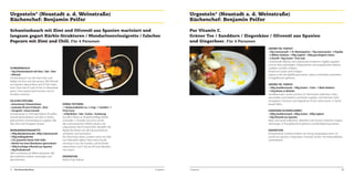Urgestein* (Neustadt a. d. Weinstraße)
Küchenchef: Benjamin Peifer

Urgestein* (Neustadt a. d. Weinstraße)
Küchenchef: Benjamin Peifer

Schweinebauch mit Zimt und Olivenöl aus Spanien mariniert und
langsam gegart Kürbis-Strukturen / Mandarinenvinaigrette / falsches
Popcorn mit Zimt und Chili. Für 4 Personen

Pur Vitamin C.
Grüner Tee / Sanddorn / Ziegenkäse / Olivenöl aus Spanien
und Gingerbeer. Für 4 Personen
GRÜNER TEE- PARFAIT:
• 30g Limonensaft • 1 EL Matchapulver • 70g Läuterzucker • 5 Eigelbe
• 2 Blätter Gelatine • 100g Joghurt • 200g geschlagene Sahne
• 5 Eiweiß • 50g Zucker • Prise Salz
Limonensaft, Matcha und Läuterzucker erwärmen. Eigelbe zugeben
und zur Rose aufschlagen. Aufgeweichte und ausgedrückte Gelatine
zugeben und kalt schlagen.
Eiweiß mit Zucker steif schlagen.
Joghurt unter die Eigelbmasse ziehen, Sahne und Eiweiß unterheben.
In Kugelformen gefrieren.

SCHWEINEBAUCH:
• 1kg Schweinebauch mit Haut • Salz • Zimt
• Olivenöl
Schweinebauch von der Haut lösen und
kräftig mit Zimt und Salz würzen. Mit Olivenöl
aus Spanien vakuumieren und 24 Std. marinieren. Dann bei 65 Grad 24 Std. im Wasserbad
garen. Haut separat weich kochen und im
Excalibur trocknen.
FALSCHES POPCORN:
• Getrocknete Schweinehaut
• neutrales Öl zum Frittieren • Zimt
• Toragashi • etwas Isomalt
Schweinehaut in 220 Grad heißem Öl puffen.
Isomalt karamellisieren und den in Stücke
gebrochenen Schweinebauch zugeben. Mit
Salz, Zimt und Toragashi würzen.
MANDARINENVINAIGRETTE:
• 300g Mandarinensaft, 200g Calamansisaft
• 500g Geflügelbrühe
• 2 EL passierte Sweet-Chili-Soße
• Abrieb von einer Mandarine (getrocknet)
• 100g fruchtiges Olivenöl aus Spanien
• 20g Kürbiskernöl
Säfte und Brühe auf 300ml reduzieren. Mit
den restlichen Zutaten vermengen und
abschmecken.

96

Die Deutschlandtour

GRÜNER TEE- PARFAIT:
• 100g Sanddornmark • 100g Zucker • 3 Eier • 1 Blatt Gelatine
• 145g Butter in Würfeln
Sanddornmark, Zucker und Eier im Thermomix aufkochen. Hitze
ausschalten und Gelatine und Butter zugeben. Auf höchster Stufe
emulgieren. Passieren und abgedeckt 24 Std. ruhen lassen. In Spritzbeutel füllen.

KÜRBIS-TEXTUREN:
• 1 Butternutkürbis (ca. 1,2 kg) • 1 Zwiebel • 1
Prise Curry
• 250g Butter • Salz • Zucker • Sushiessig
Aus dem Kürbis ca. 40 gleichmäßige Würfel
schneiden. 2 Scheiben auf 2mm schneiden und ausstechen. Würfel würzen und
vakuumieren. Bei 95 Grad 8 Min. dämpfen. Bei
Bedarf die Kanten mit dem Bunsenbrenner
schwärzen und marinieren.
Die Abschnitte salzen, zuckern und in ein Sieb
zum Abtropfen geben. Nach einer Stunde
mit etwas Curry, der Zwiebel und der Butter
vakuumieren und 2 Std. bei 90 Grad dämpfen.
Fein mixen.

SANDDORN-OLIVENÖLSORBET:
• 300g Sanddornmark • 200g Zucker • 300g Joghurt
• 50g Olivenöl aus Spanien
Mark und Zucker aufkochen. Abkühlen und mit den restlichen Zutaten
vermengen. In Pacojetbechern gefrieren und bei Bedarf pacosieren.
DEKORATION:
Komprimierte Gurkenscheiben mit Honig-Ziegenkäsecreme, Olivenöl aus Spanien, Gingerbeer, Portulak, Grüner Tee-Krokantblätter,
Gurkenbaiser.

DEKORATION:
Kürbis-Chip, Kräuter.

© Urgestein

© Urgestein

97

 