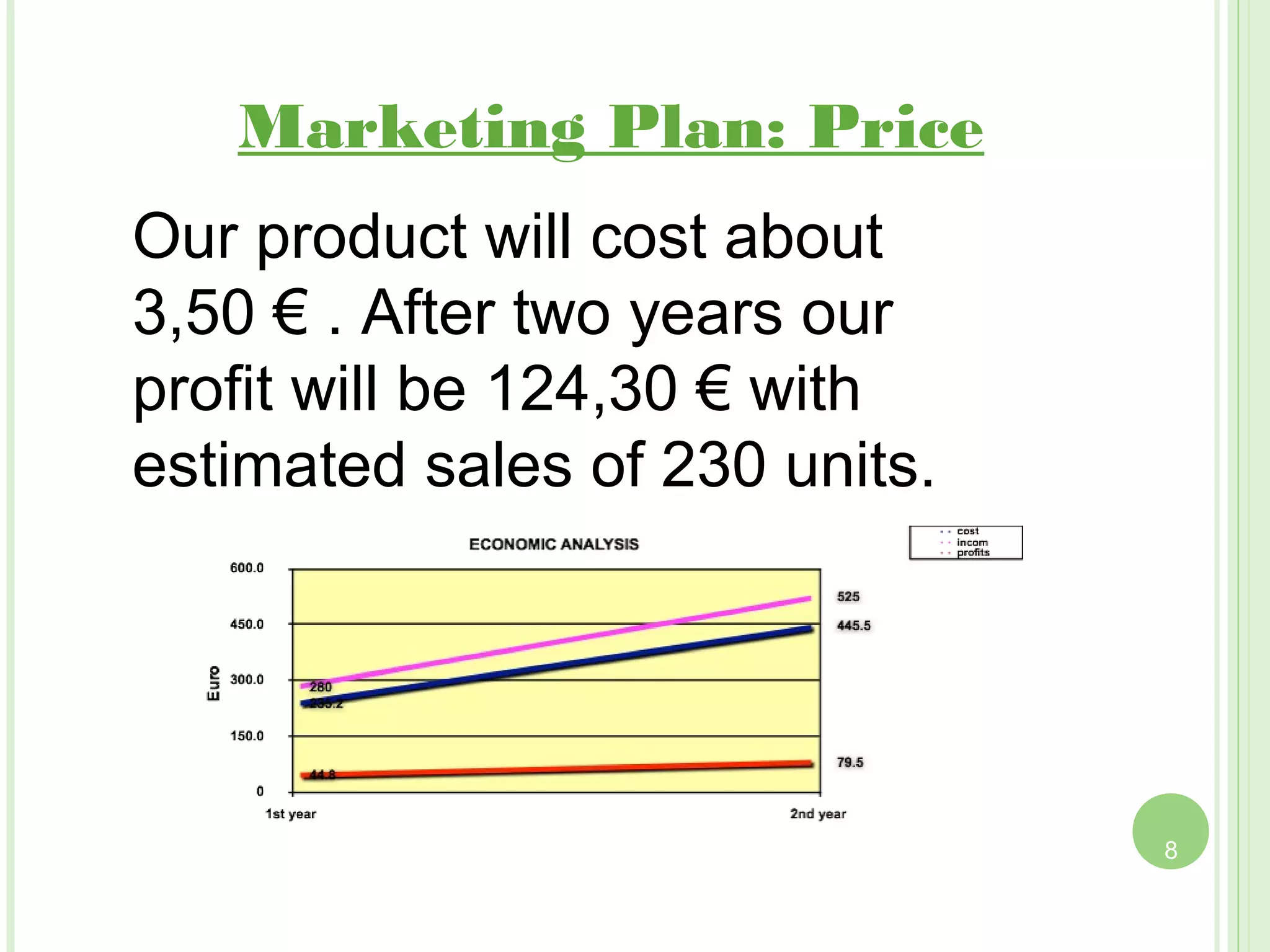 Marketing Plan: Price
Our product will cost about
3,50 € . After two years our
profit will be 124,30 € with
estimated sales of 230 units.




                                8
 