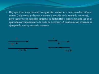 Hay que tener muy presente lo siguiente: vectores en la misma dirección se suman (tal y como ya hemos visto en la sección de la suma de vectores), pero vectores con sentidos opuestos se restan (tal y como se puede ver en el apartado correspondiente a la resta de vectores). A continuación tenemos un ejemplo de suma y resta de vectores.