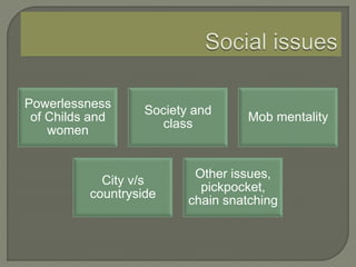 Powerlessness
of Childs and
women
Society and
class
Mob mentality
City v/s
countryside
Other issues,
pickpocket,
chain snatching
 