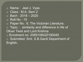 o Name : Jeel J. Vyas
o Class : M.A. Sem 2
o Bach : 2018 – 2020
o Roll No : 15
o Paper No : 6. The Victorian Literature.
o...