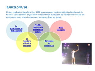 BARCELONA ‘92
Els jocs celebrats a Barcelona l’any 1992 son encara per molts considerats els millors de la
historia. Els Barcelonins en guardem un record molt especial en els nostres cors i encara ens
emocionem quan veiem imatges com les que us deixo tot seguit.


                                 Freddie
          La
                                Mercury &                     Hola!
    transformació
                                Montserrat                  Inaugural
     de Barcelona
                                 Caballé


                       La
                    bandera                  Barcelona
                    olímpica                     és
                    més gran                 poderosa!!




                                                                                                7
 