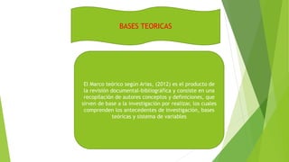 El Marco teórico según Arias, (2012) es el producto de
la revisión documental-bibliográfica y consiste en una
recopilación de autores conceptos y definiciones, que
sirven de base a la investigación por realizar, los cuales
comprenden los antecedentes de investigación, bases
teóricas y sistema de variables
BASES TEORICAS
 