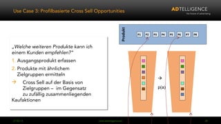 Use Case 3: Profilbasierte Cross Sell Opportunities




                                                        Produkt
                                                                  P1   P2   P3    P4    P5   P6   P7   P8



„Welche weiteren Produkte kann ich
„Welche weiteren Produkte kann ich
einem Kunden empfehlen?“
einem Kunden empfehlen?“
1. Ausgangsprodukt erfassen
1. Ausgangsprodukt erfassen
2. Produkte mit ähnlichem
2. Produkte mit ähnlichem
   Zielgruppen ermitteln
   Zielgruppen ermitteln                                                         
 Cross Sell auf der Basis von
 Cross Sell auf der Basis von
      Zielgruppen – im Gegensatz
      Zielgruppen – im Gegensatz                                                 p(a)
      zu zufällig zusammenliegenden
      zu zufällig zusammenliegenden
Kaufaktionen
Kaufaktionen


04.03.13                               www.adtelligence.de                                                  20
 