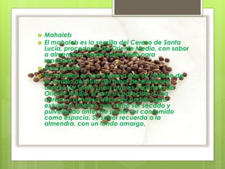  Mahaleb
 El mahaleb es la semilla del Cerezo de Santa
Lucía, procedente de Oriente Medio, con sabor
a almendras, usado sobre todo para
repostería.
 Descripción
 El mahaleb es una especia que se obtiene de
la semilla del fruto del árbol denominado
cerezo de Santa Lucía que es originario de
Oriente Medio. El fruto es parecido a una
cereza y su hueso debe ser partido para
extraer su interior, que debe ser secado y
pulverizado antes de poder ser consumido
como espacia. Su sabor recuerda a la
almendra, con un fondo amargo.
 