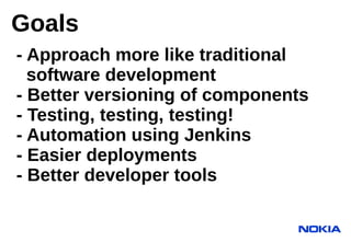 Goals
- Approach more like traditional
  software development
- Better versioning of components
- Testing, testing, testin...