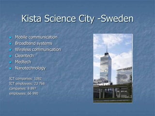 Kista Science City -Sweden
   Mobile communication
   Broadband systems
   Wireless communication
   Cleantech
   Medtech
   Nanotechnology

ICT companies: 1082
ICT employees: 23 768
companies: 8 897
employees: 66 990
 