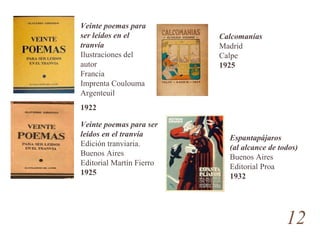 Veinte poemas para ser leídos en el tranvía   Ilustraciones del autor Francia Imprenta Coulouma Argenteuil 1922 Veinte poemas para ser leídos en el tranvía Edición tranviaria. Buenos Aires Editorial Martín Fierro 1925 Calcomanías Madrid Calpe  1925 Espantapájaros (al alcance de todos) Buenos Aires Editorial Proa   1932 