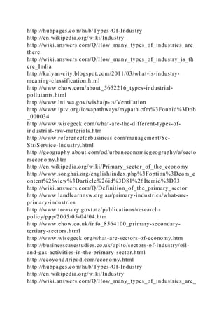 http://hubpages.com/hub/Types-Of-Industry
http://en.wikipedia.org/wiki/Industry
http://wiki.answers.com/Q/How_many_types_of_industries_are_
there
http://wiki.answers.com/Q/How_many_types_of_industry_is_th
ere_India
http://kalyan-city.blogspot.com/2011/03/what-is-industry-
meaning-classification.html
http://www.ehow.com/about_5652216_types-industrial-
pollutants.html
http://www.lni.wa.gov/wisha/p-ts/Ventilation
http://www.iptv.org/iowapathways/mypath.cfm%3Founid%3Dob
_000034
http://www.wisegeek.com/what-are-the-different-types-of-
industrial-raw-materials.htm
http://www.referenceforbusiness.com/management/Sc-
Str/Service-Industry.html
http://geography.about.com/od/urbaneconomicgeography/a/secto
rseconomy.htm
http://en.wikipedia.org/wiki/Primary_sector_of_the_economy
http://www.songhai.org/english/index.php%3Foption%3Dcom_c
ontent%26view%3Darticle%26id%3D81%26Itemid%3D73
http://wiki.answers.com/Q/Definition_of_the_primary_sector
http://www.landlearnnsw.org.au/primary-industries/what-are-
primary-industries
http://www.treasury.govt.nz/publications/research-
policy/ppp/2005/05-04/04.htm
http://www.ehow.co.uk/info_8564100_primary-secondary-
tertiary-sectors.html
http://www.wisegeek.org/what-are-sectors-of-economy.htm
http://businesscasestudies.co.uk/opito/sectors-of-industry/oil-
and-gas-activities-in-the-primary-sector.html
http://ecoyond.tripod.com/economy.html
http://hubpages.com/hub/Types-Of-Industry
http://en.wikipedia.org/wiki/Industry
http://wiki.answers.com/Q/How_many_types_of_industries_are_
 